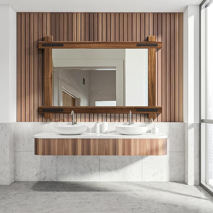 YOSHOOT Farmhouse Wood Bathroom Mirror, Round Corner Vanity Mirror - Image 6