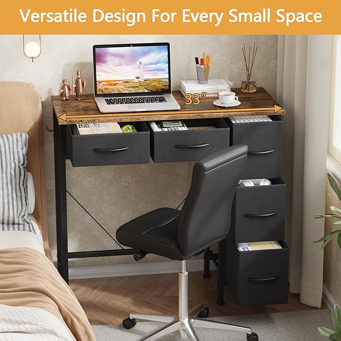 Small Desk with 5 Fabric Drawers, 33 Inch Computer Desk - Image 6