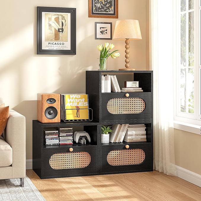 3-in-1 Modular TV Stand with Rattan Doors, DIY Media Console Boho Entertainment - Image 3