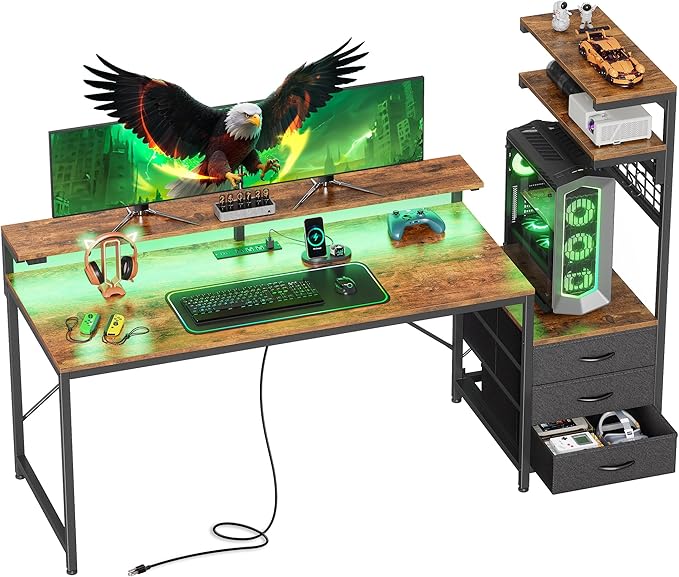 PRAISUN 61.7" Gaming Desk with LED Lights & Outlets, Computer Desk with 3 by PRAISUN