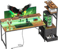 PRAISUN 61.7" Gaming Desk with LED Lights & Outlets, Computer Desk with 3 by PRAISUN