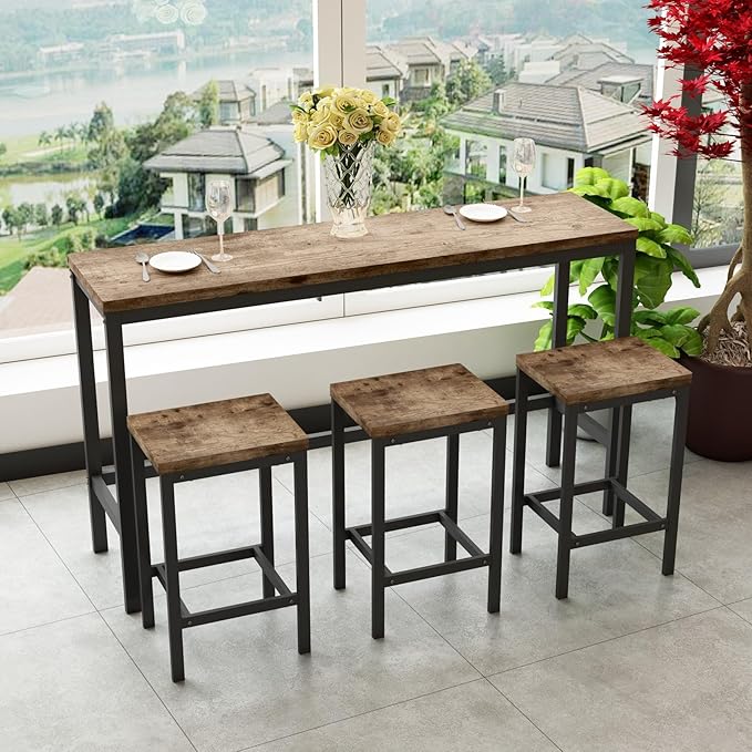 KEIKI 60.24” Long Bar High Top Dining Table and 3 Stools Chairs Set, Wood - Image 4