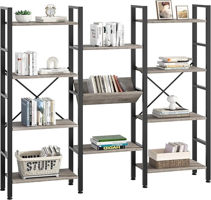 Shintenchi Industrial Bookcase, 71.6” Triple 4 Tier Bookshelf - Image 8