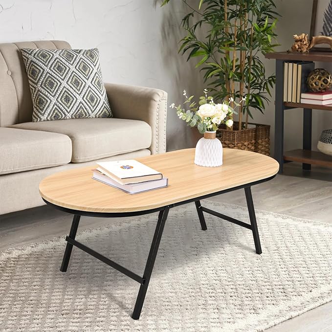 Foldable Coffee Table Natural Wood Oval Coffee Tables No Assembly Portable - Image 2
