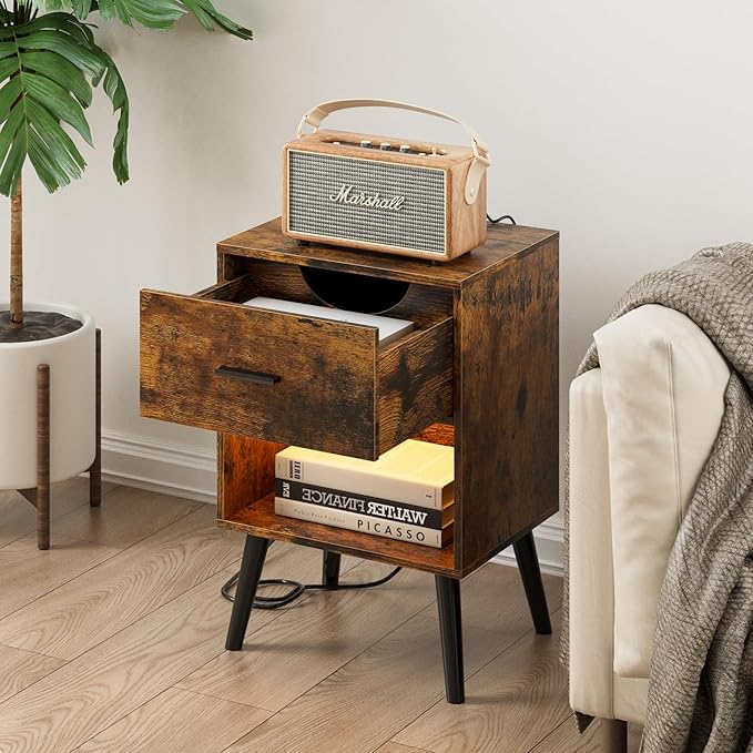 Nightstand with Charging Station and LED Lights, Small Side Table, Bedside - Image 4
