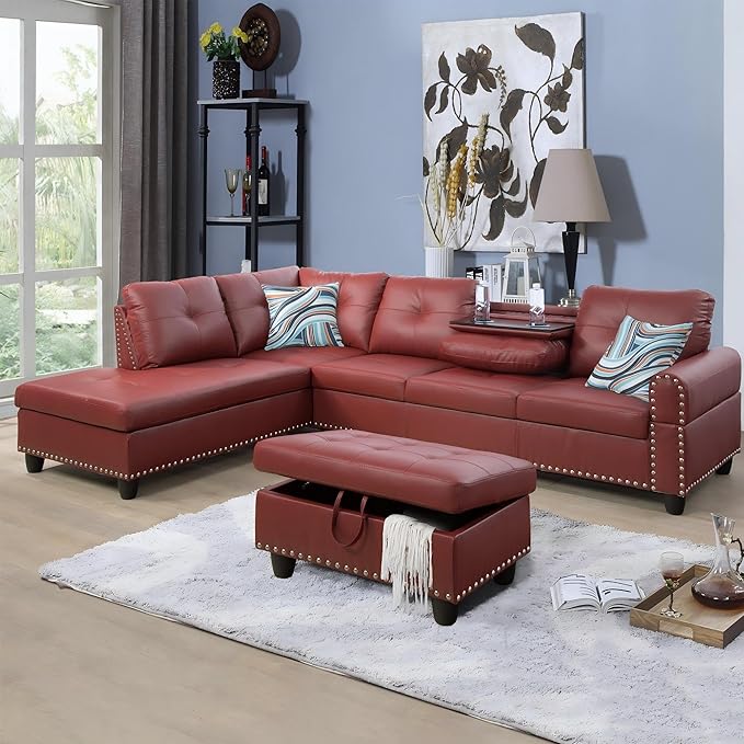 L-Shaped Sectional Sofa with Ottoman, Leather Modern Nail-Head Design with Cup by GlasFlength