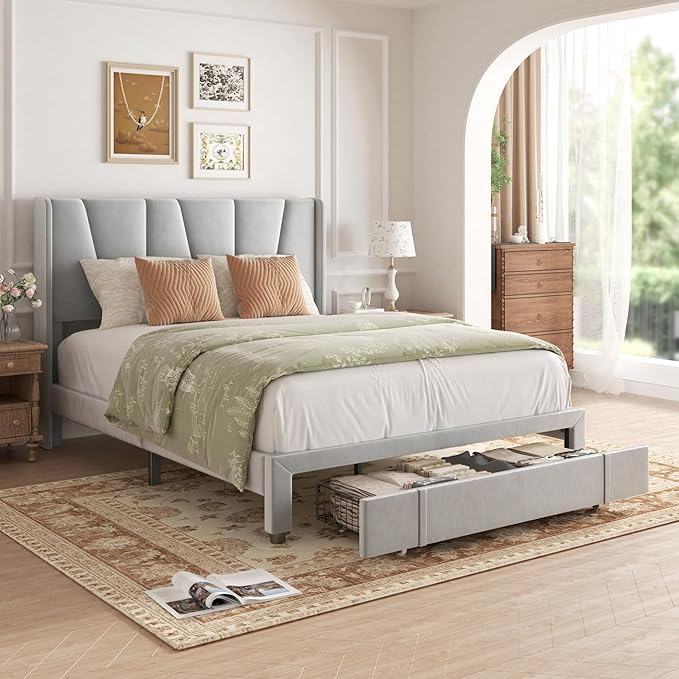 Queen Bed Frame with Storage Drawers, Upholstered Platform Bed with Headboard by VIPLOV