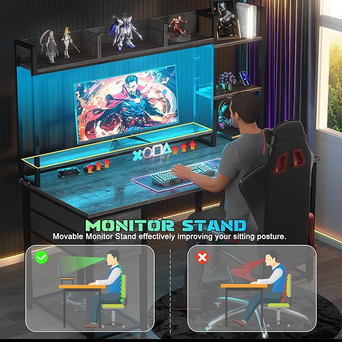 Aheaplus Desk with LED and Outlets, Gaming Desk with Hutch, 47.2'' Computer - Image 7