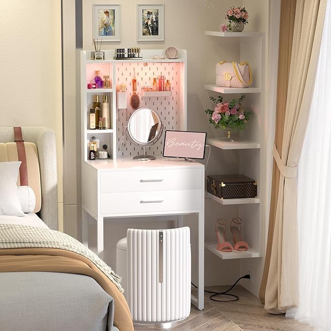 Small Vanity Desk with Hutch and Drawers, Vanity Table Dressing Table with LED - Image 2