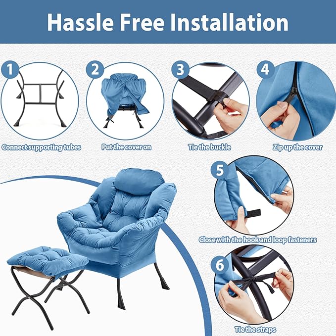Lazy Chair with Folding Ottoman, Accent Chair Velvet Upholstered with Metal - Image 7