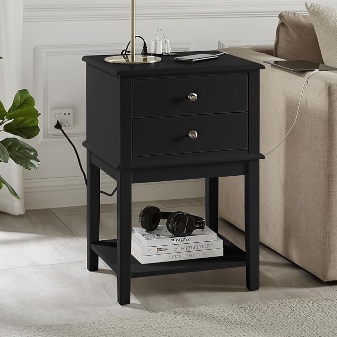 conifferism Black Nightstand, Large Sofa Side Table 2 Drawers, Modern Bedside - Image 9