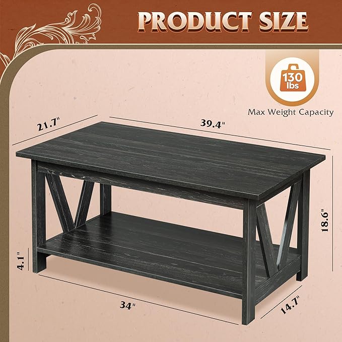 WLIVE Coffee Table with Storage Shelf, 39.4" Farmhouse Coffee Table with - Image 3