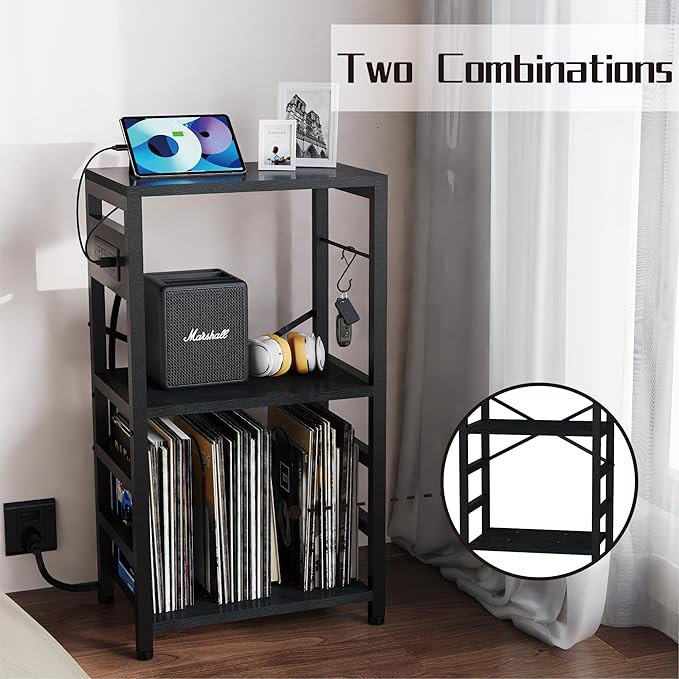 End Table with LED Light, Record Player Stand with Charging Station, Vinyl - Image 6