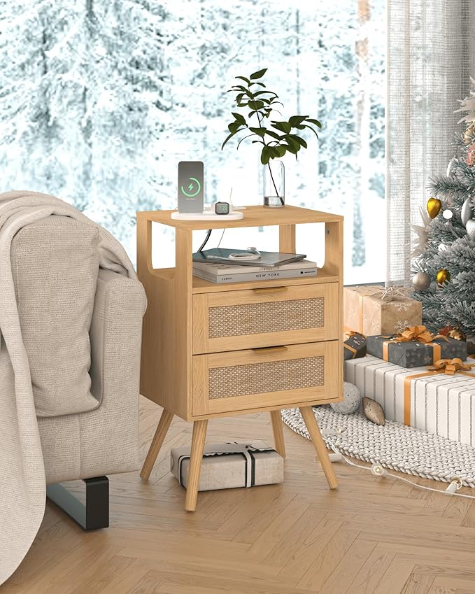 Rattan Nightstand with Charging Station, Modern Bedside Table with 2 Storage - Image 6