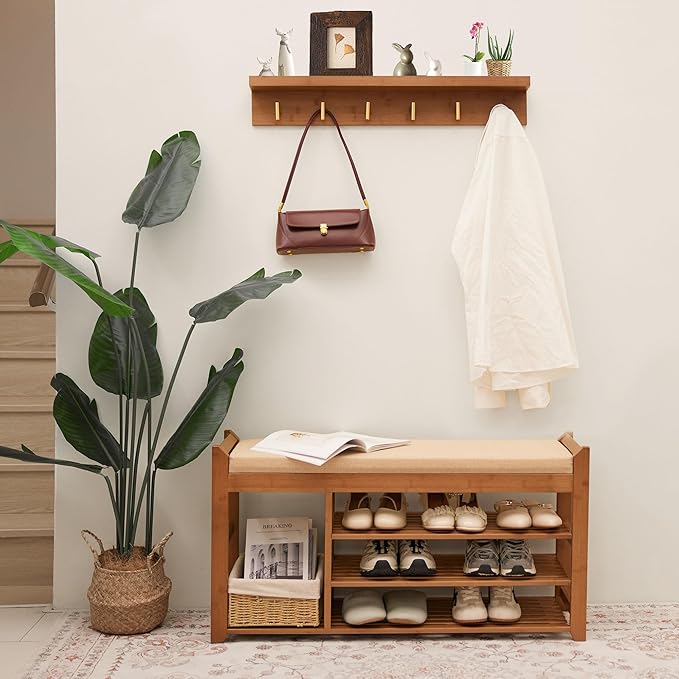 Hall Tree with Bench and Shoe Storage, Coat Rack Shoe Bench Set with Seat - Image 2