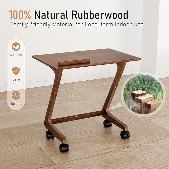 TV Tray Table with Casters, Solid Rubberwood End Tables, Sofa Side Table Couch - Image 4