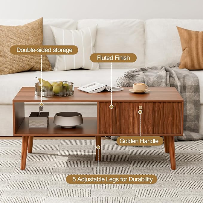 Coffee Table with Storage, Mid Century Dining Table with Fluted Drawer and - Image 3