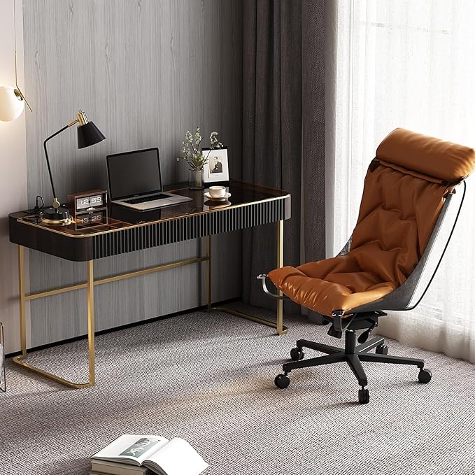 Lartis Modern Office Desk with Drawers, Glass Top Makeup Vanity Without Mirror - Image 9
