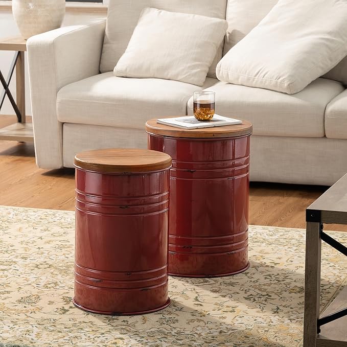 Glitzhome Farmhouse Accent Side Table, Metal Storage Stool Ottoman - Image 9