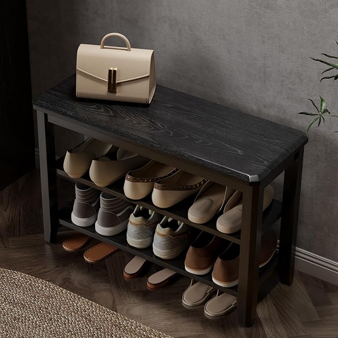 Wood Shoe Rack Bench for Entryway, 2 Tier Shoe Rack for Front Door Entrance by AQIMUELE-Solidwoodfurniture