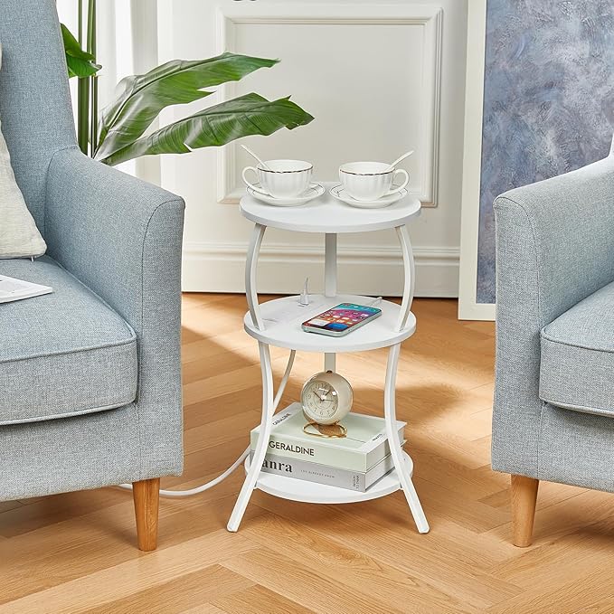 Small Round Side Table with Charging Station, 3-Tier Waist Circular End Table - Image 5