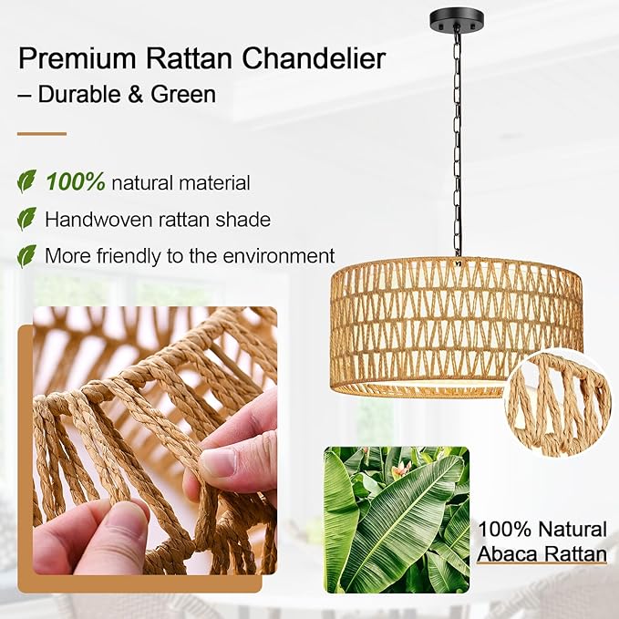 Farmhouse Chandeliers for Dining Room, Hand Woven 5-Light Rattan Pendant Light - Image 4
