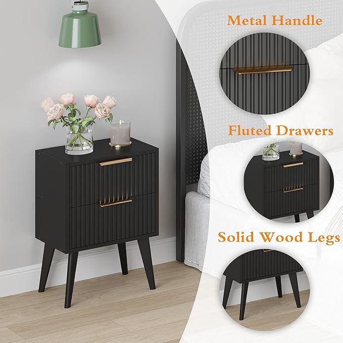 Fluted Nightstand with 2 Drawers, Modern Bedside Table with Metal Handles - Image 6