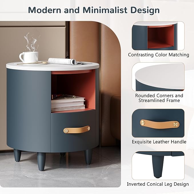Merax Round Nightstand with Storage Drawer, MDF Contemporary Modern Bedside - Image 7