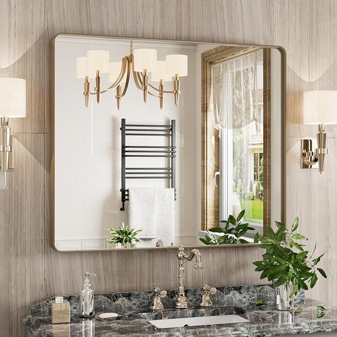 Bronze Bathroom Mirror 30x36 Inch, Brushed Bronze Metal Frame Mirror by JISOSO