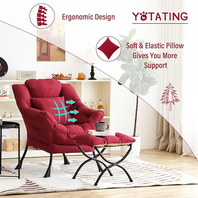 Lazy Chair with Ottoman, Comfy Reading Lounge Chair with Footstool & Throw - Image 8