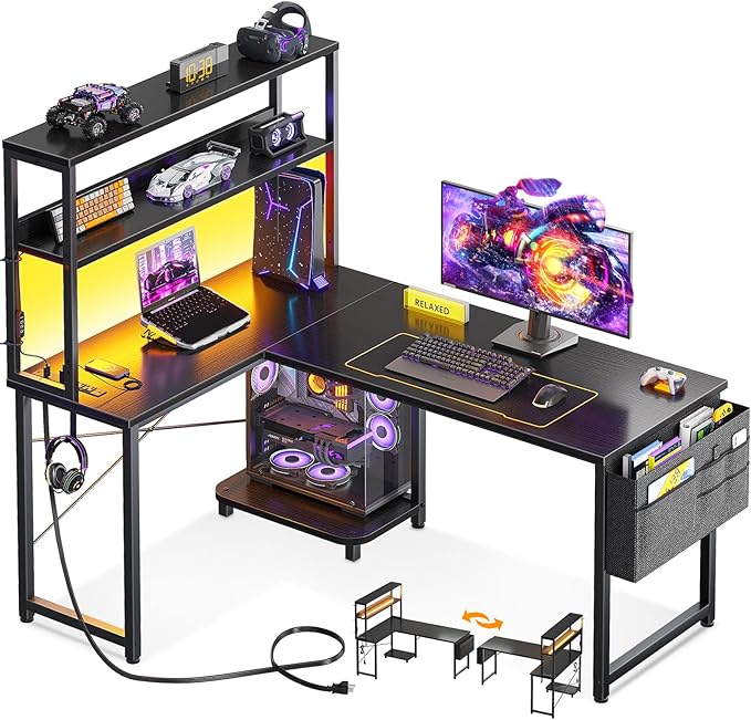 ODK 43 Inch L Shaped Desk with LED Lighting, Reversible Gaming Desk with Power by ODK