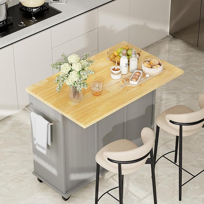 Shintenchi Kitchen Island with Storage, Bar Cart Cabinet Island Table on Wheels - Image 2
