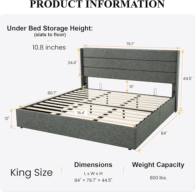SHA CERLIN King Size Lift Up Storage Bed/Modern Wingback Headboard/Upholstered - Image 2