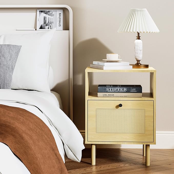Rattan Nightstand with Storage Boho Modern Farmhouse Bedside Table with Drawer - Image 7