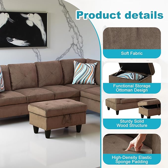 Couches for Living Room Modern L Shaped Couch Comfy Sackcloth Fabric 3 Pieces - Image 5
