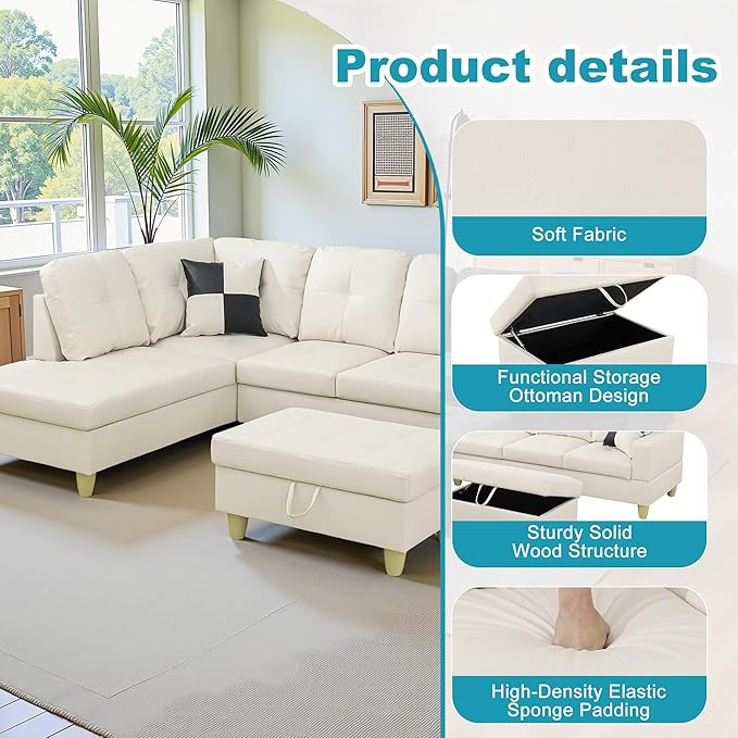 L Shaped Couch Faux Leather Sectional Couch Upholstered 3 Pieces Sofas - Image 5