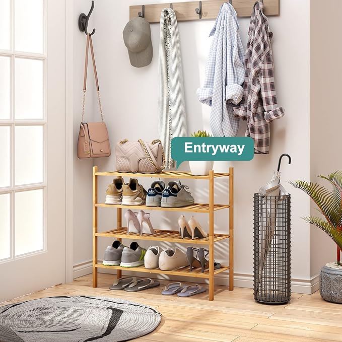 4-Tier Bamboo Shoe Rack for Entryway, Stackable | Foldable | Natural, Shoe - Image 4