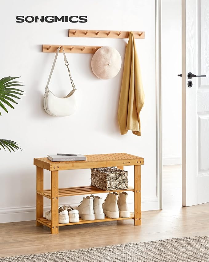 SONGMICS Shoe Rack Bench, 3-Tier Bamboo Shoe Storage Organizer, Entryway Bench - Image 2