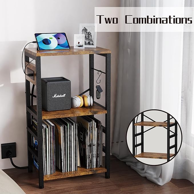 End Table with LED Light, Record Player Stand with Charging Station, Vinyl - Image 6