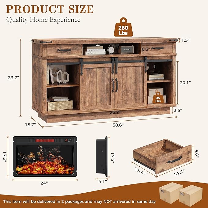 59'' Fireplace TV Stand with 3D Flame Electric Fireplace Heater, Entertainment - Image 2