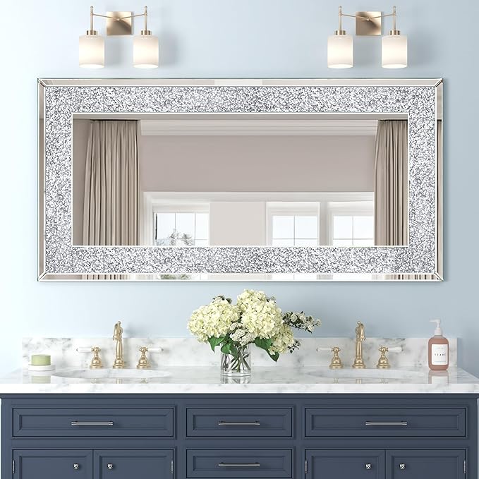 Crystal Crush Diamond Wall Mirror-47 x24 Silver Mirror, Gorgeous Rectangle by GOAND