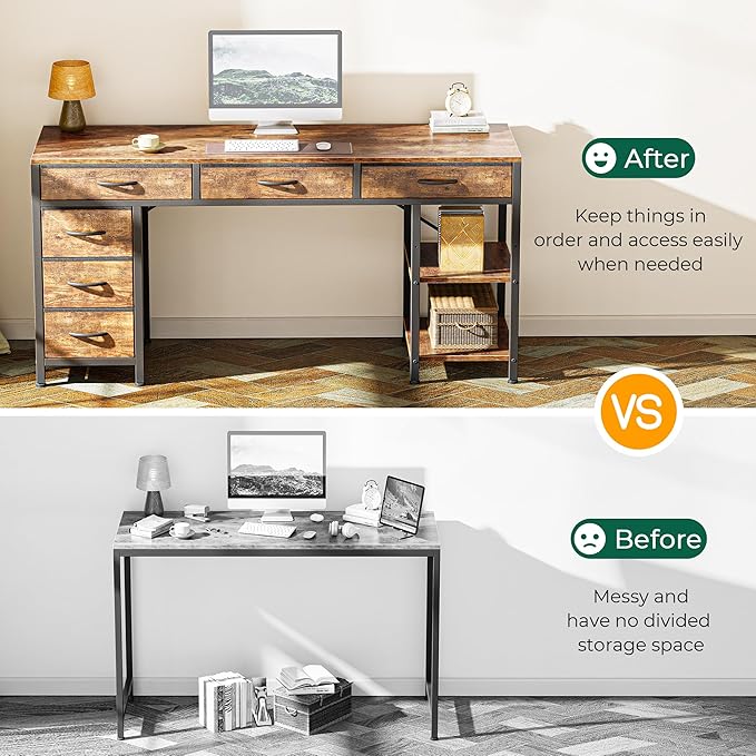 Huuger Computer Desk with 6 Drawers, 54 Inch Office Desk with Shelves, - Image 5