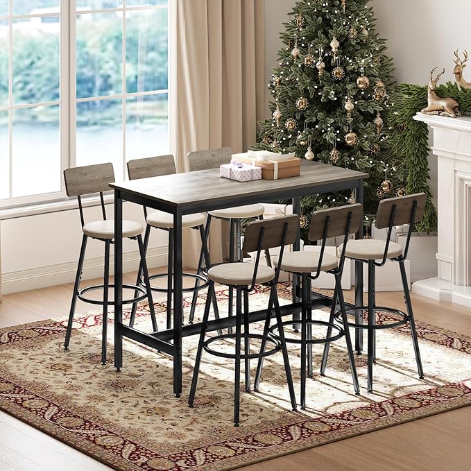 Dining Table Set for 6, 7-Piece Bar Table Set, Kitchen Table and Chairs - Image 7