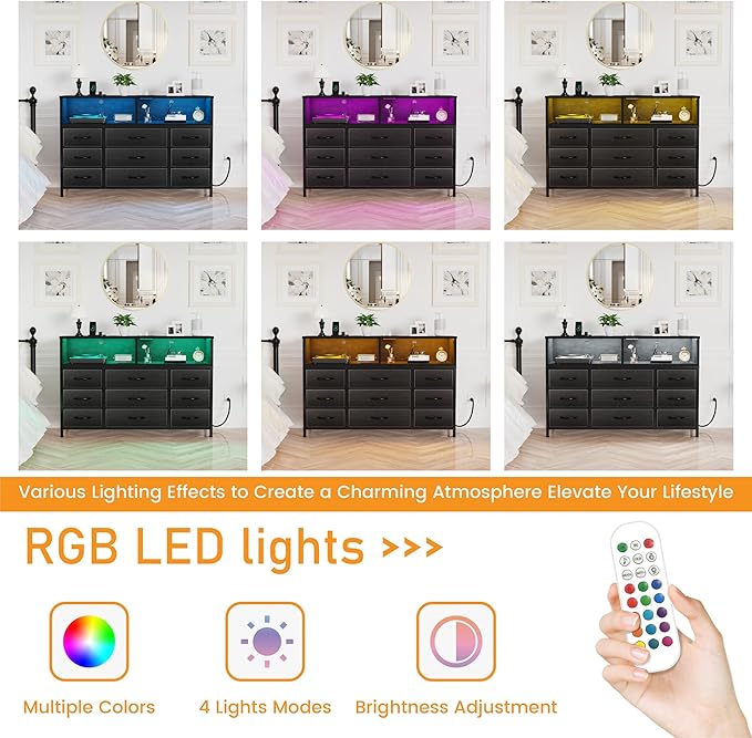 Black Dresser for Bedroom, 9 Drawers Led Dresser TV Stand - Image 5