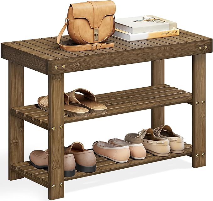 SONGMICS Shoe Rack Bench, 3-Tier Bamboo Shoe Storage Organizer, Entryway Bench by SONGMICSbySONGMICSHOME
