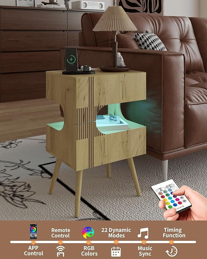 Nightstand with Charging Station and LED Lights, Modern Bedside Table with 2 - Image 4