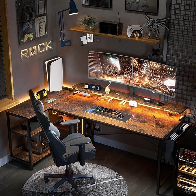 ODK 66 Inch Gaming Desk with USB Charging Ports and LED Lights, Reversible L - Image 7