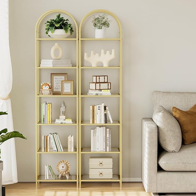 Homhedy Bookshelf Arched Display Racks, Metal Bookcase, Tempered Glass Shelves - Image 5