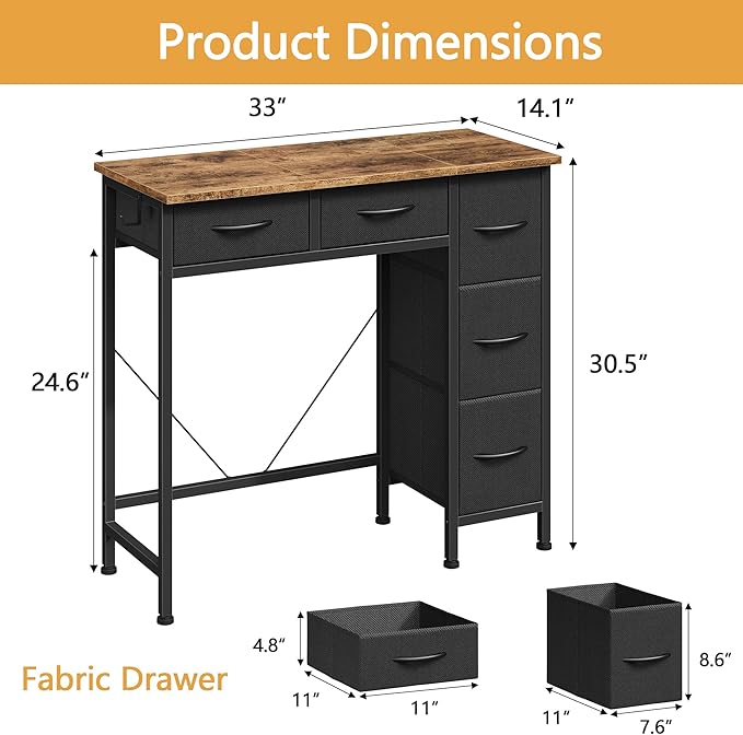 Small Desk with 5 Fabric Drawers, 33 Inch Computer Desk - Image 2