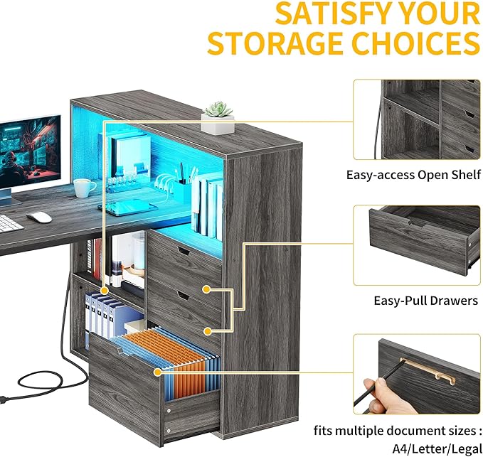DWVO L Shaped Desk with Drawers, Home Office Desk with Storage Shelves - Image 6